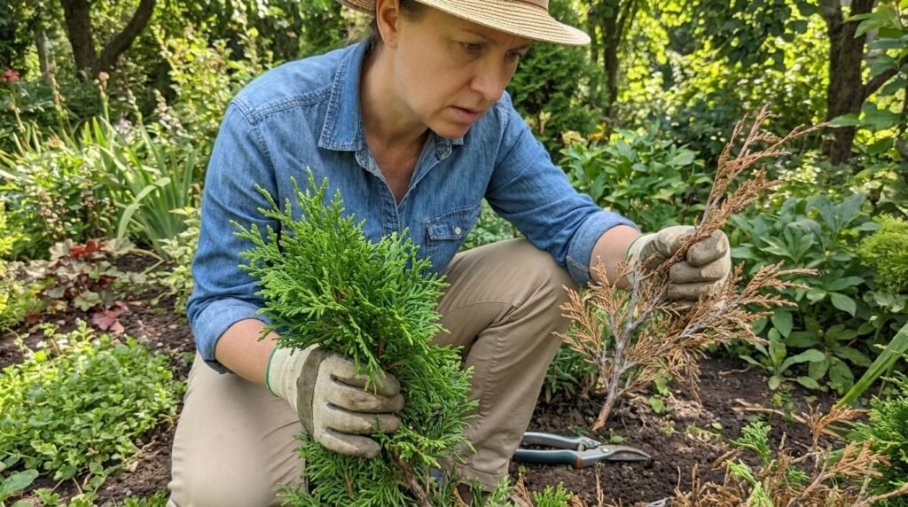 A gardener Comparison of healthy green arborvitae foliage next to browning stressed foliage