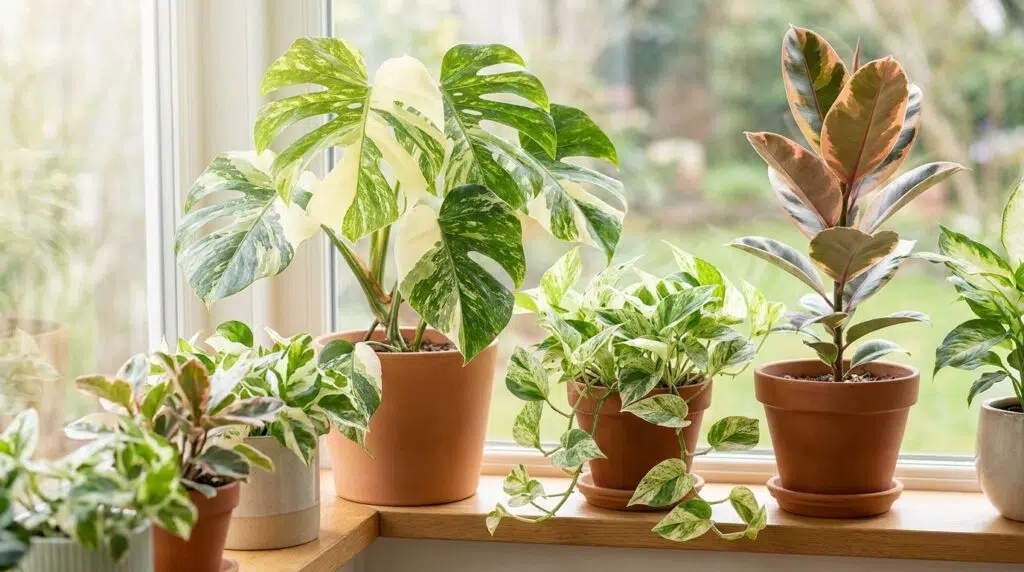 Collection of variegated houseplants including monstera, pothos, and rubber plant on a sunlit windowsill