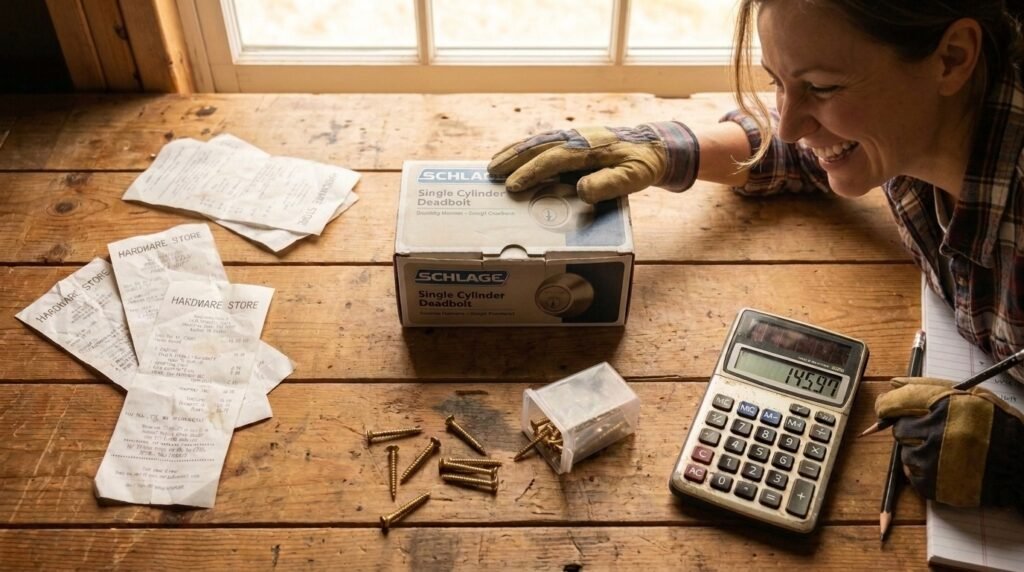Flat lay of new lock hardware and a receipt on a workbench for budgeting a security upgrade