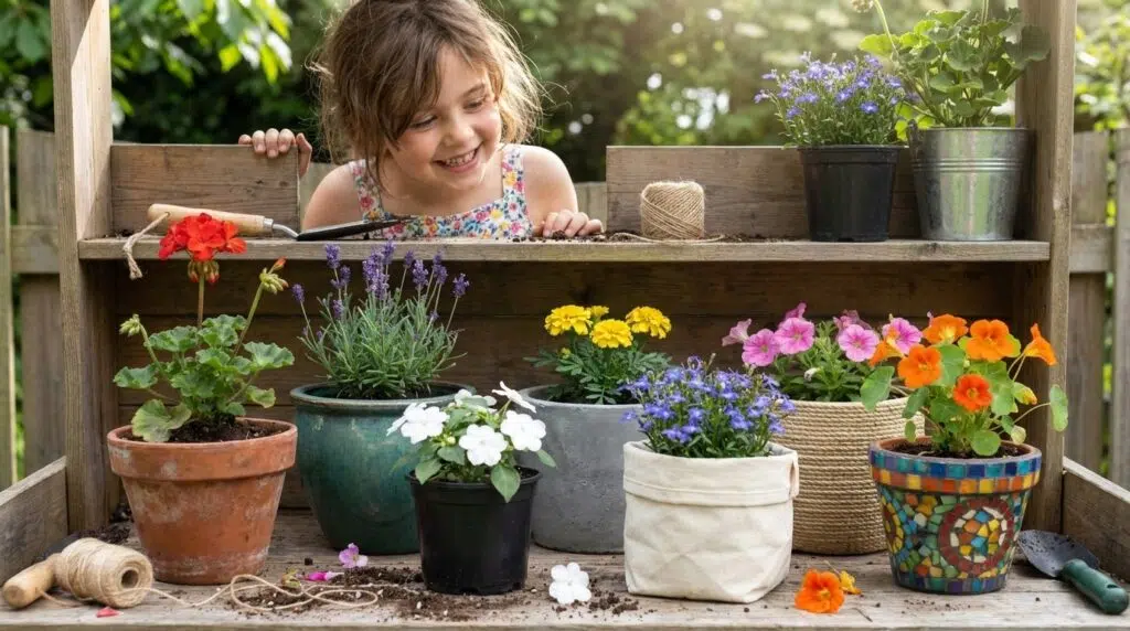 Flat-lay of seven popular flower pot types including terracotta, ceramic, plastic, and fiberglass pots arranged on a wooden potting bench