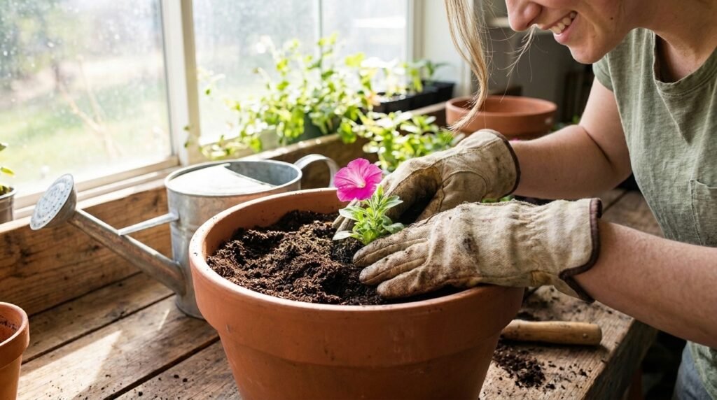 Hands planting pink petunias into a terracotta flower pot with fresh potting soil