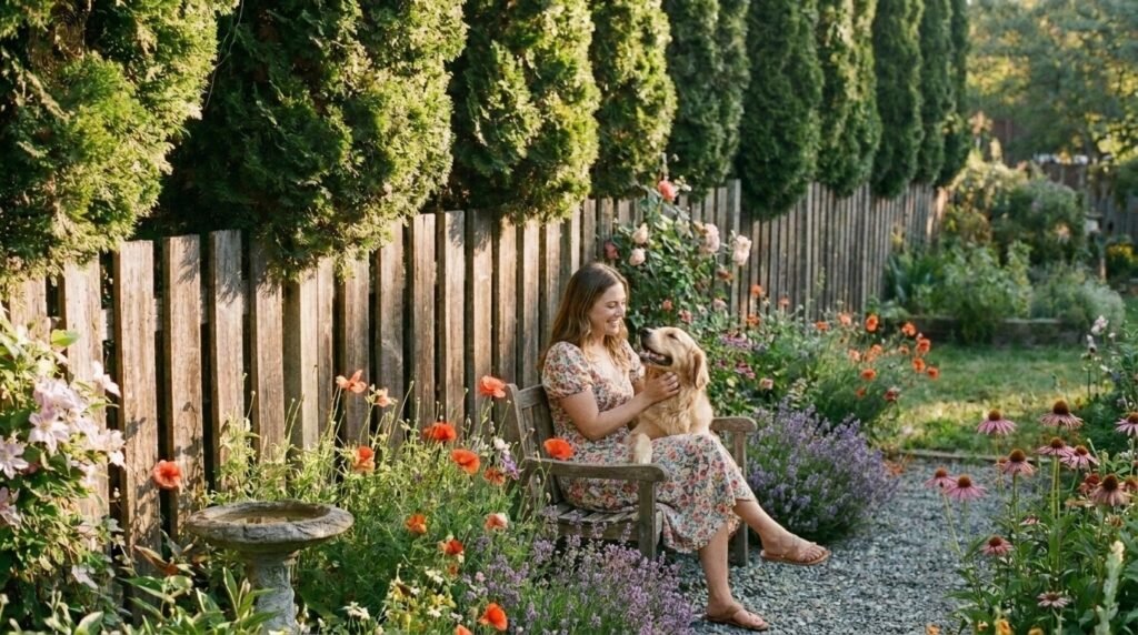 Mature Green arborvitae hedge providing privacy screening along a backyard fence