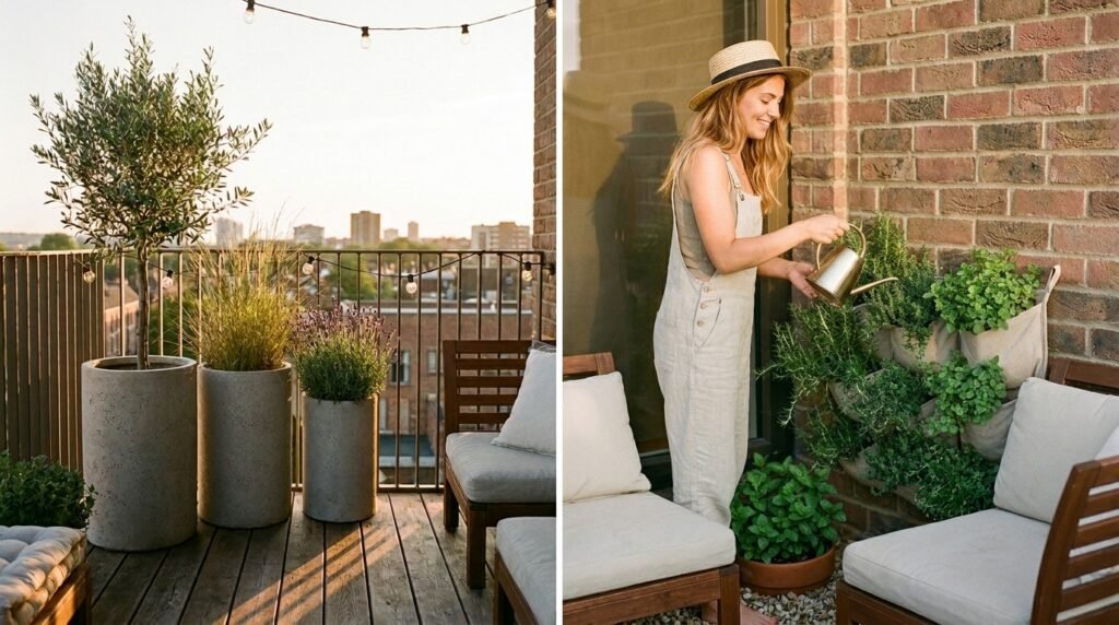 Modern balcony garden with cylinder planters, a wall-mounted pocket planter, and a buried terracotta pot