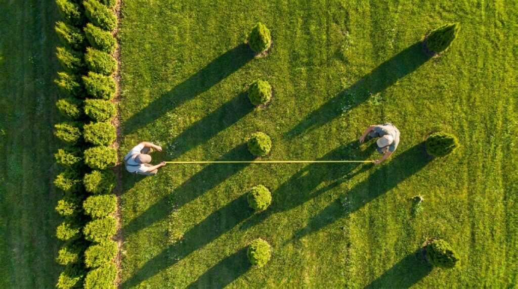 Overhead comparison of Green Giant arborvitae planted at 3 feet, 5 feet, and 8 feet spacing