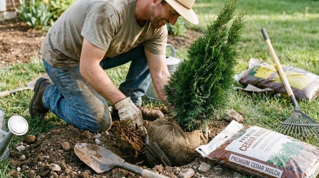 Planting a young Green Giant arborvitae in a prepared hole with visible root ball
