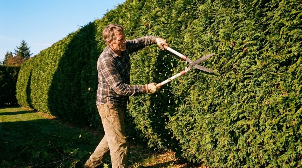 Pruning the sides of a Green Giant arborvitae privacy hedge with hedge trimmers
