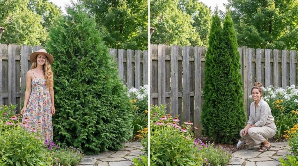 Side-by-side comparison of Green Giant arborvitae and Emerald Green arborvitae growth habits
