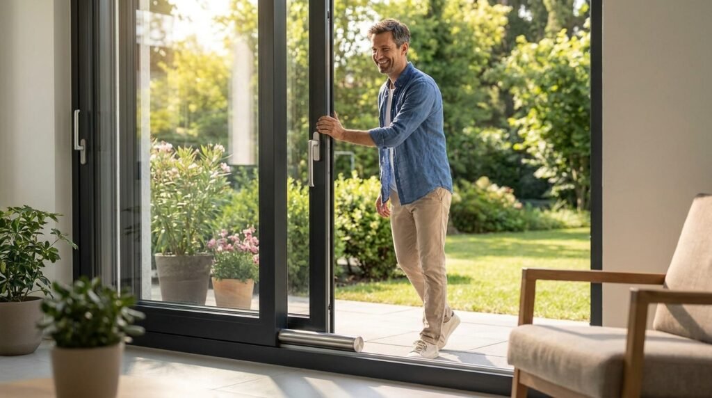 Sliding glass patio door secured with a metal security bar in the track