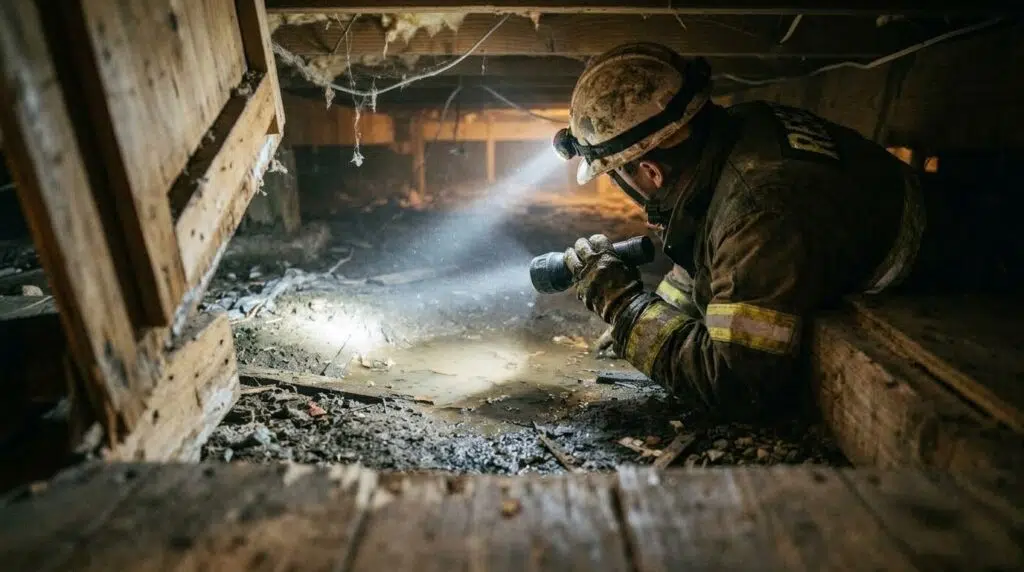 Standing water visible inside a home's crawl space after heavy rain