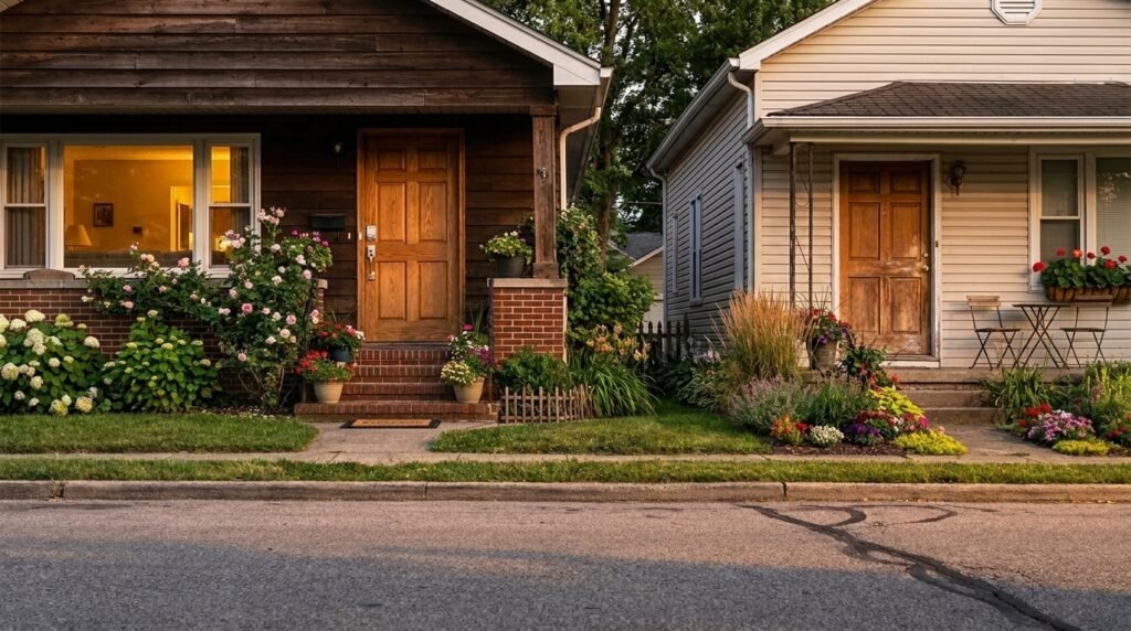 Suburban front door at dusk showing a secure deadbolt lock installation