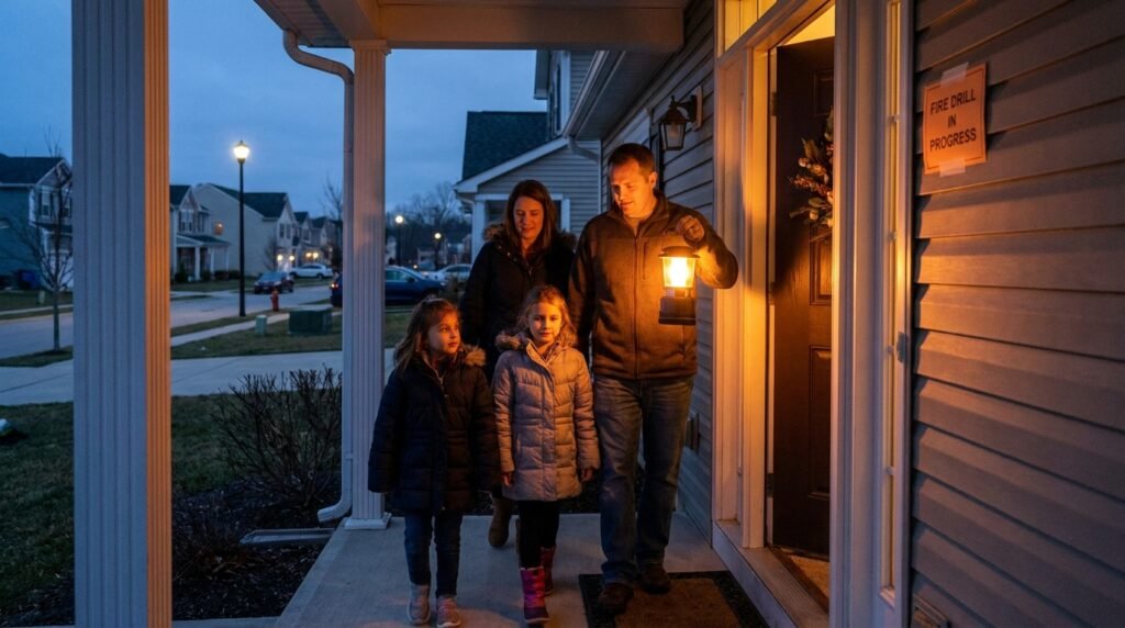 Family safely exiting through a front door during a home fire escape drill