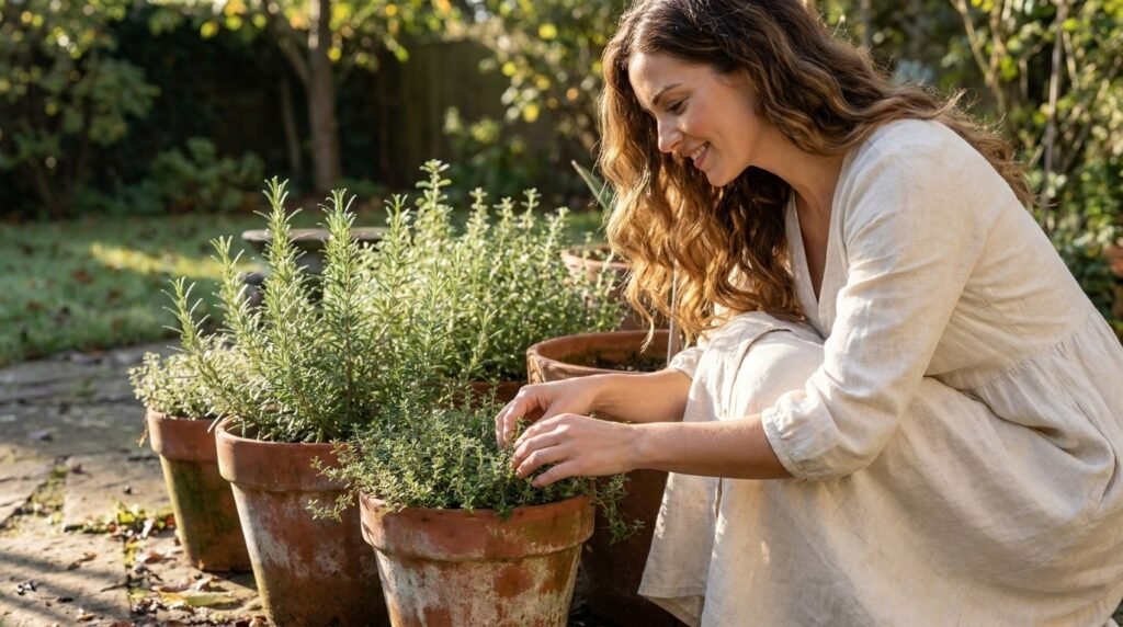 Weathered terracotta flower pots planted with herbs on a sunlit stone patio