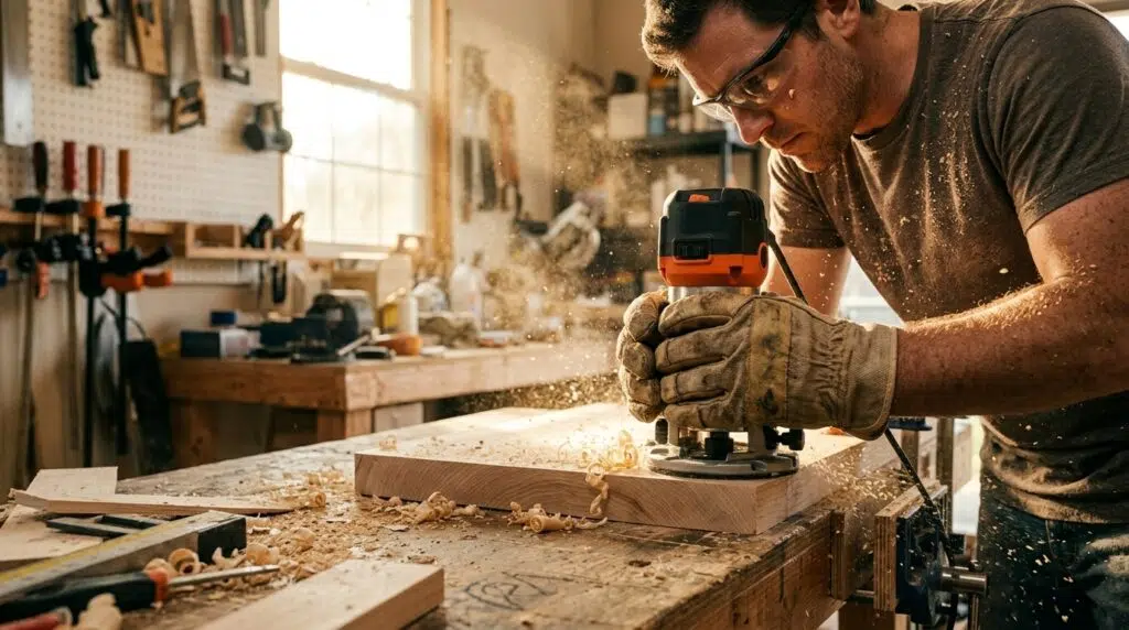 Woodworker using a handheld wood router to cut an edge profile into a maple board