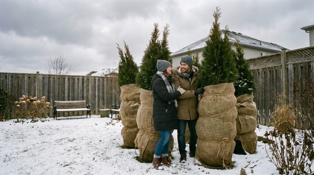 Young Green Giant arborvitae trees wrapped in burlap for winter protection
