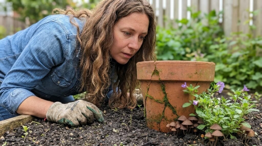 a women watching Cracked terracotta pot with small mushrooms growing near the base of a potted plant