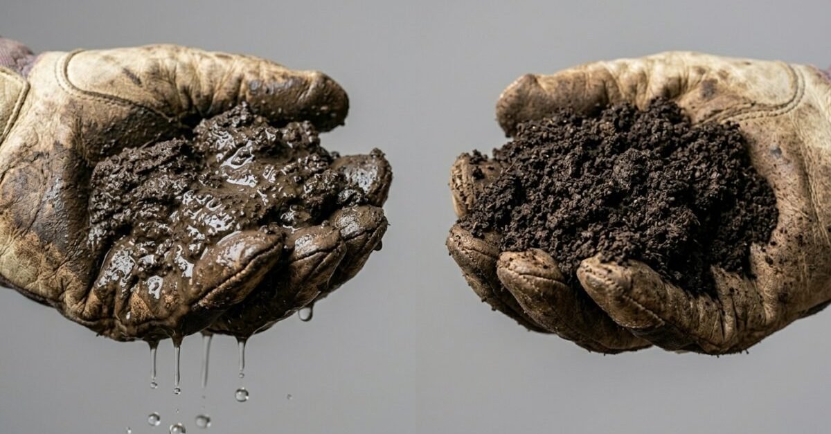 Comparison of soggy waterlogged soil and crumbly well-drained soil