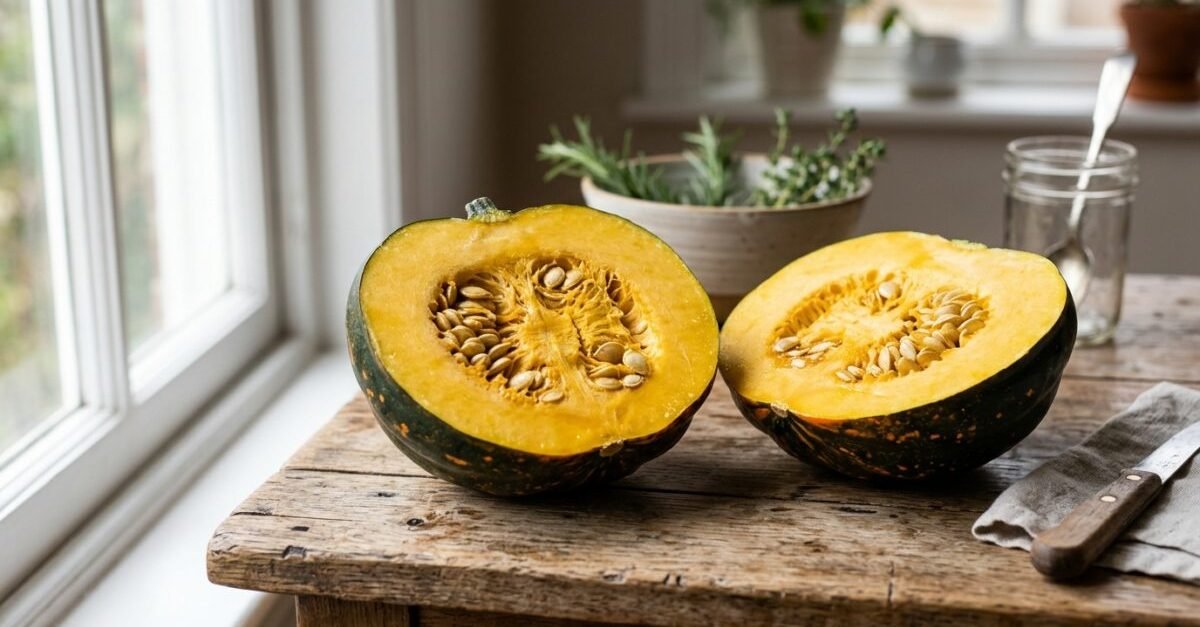 Halved Table Queen acorn squash showing golden flesh and seeds